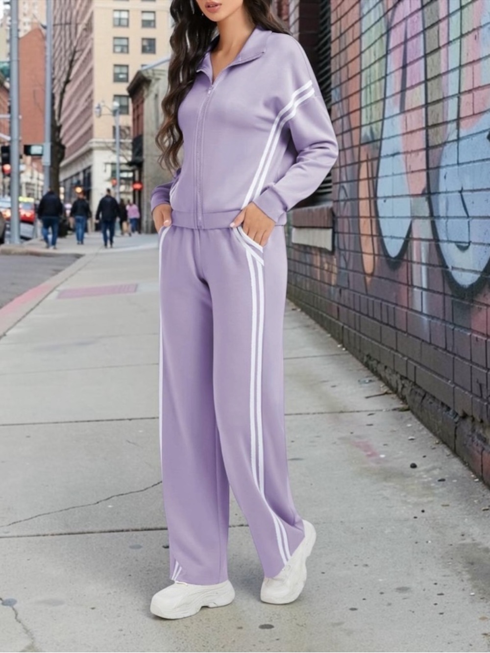 New Casly Lamiit Sport Track Suit Travel Lounge Set Violet Purple Stripe Sz S
